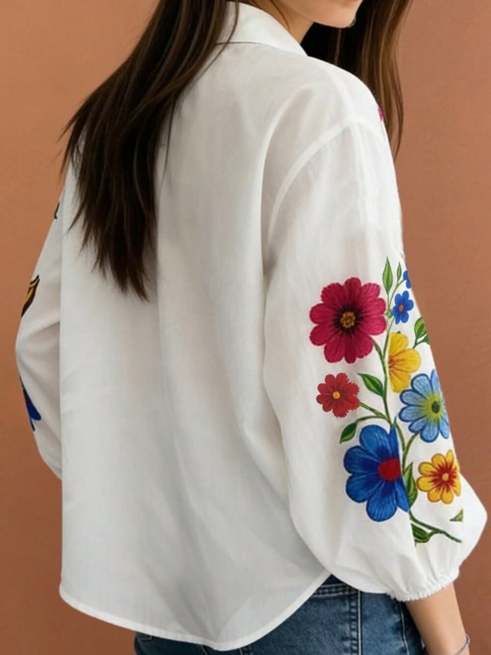 White Boho Women's Casual Multifunctional Minimalist Floral Digital Print Shirt - Picture 4 of 4